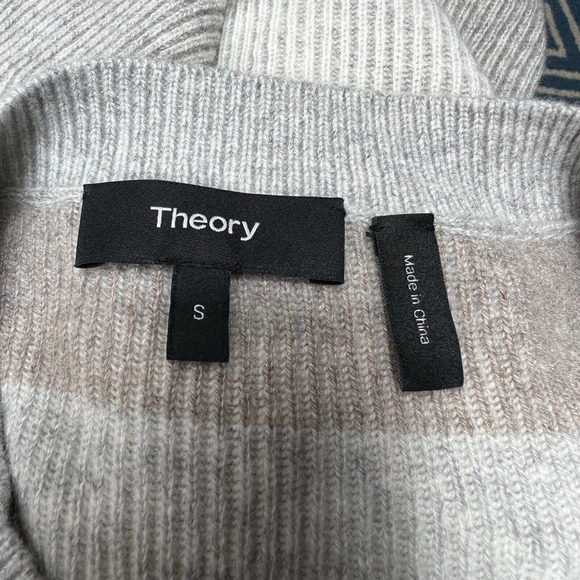 Theory Cashmere Crewneck Ribbed Striped Sweater Size S Gray Tan Cream - Picture 6 of 11